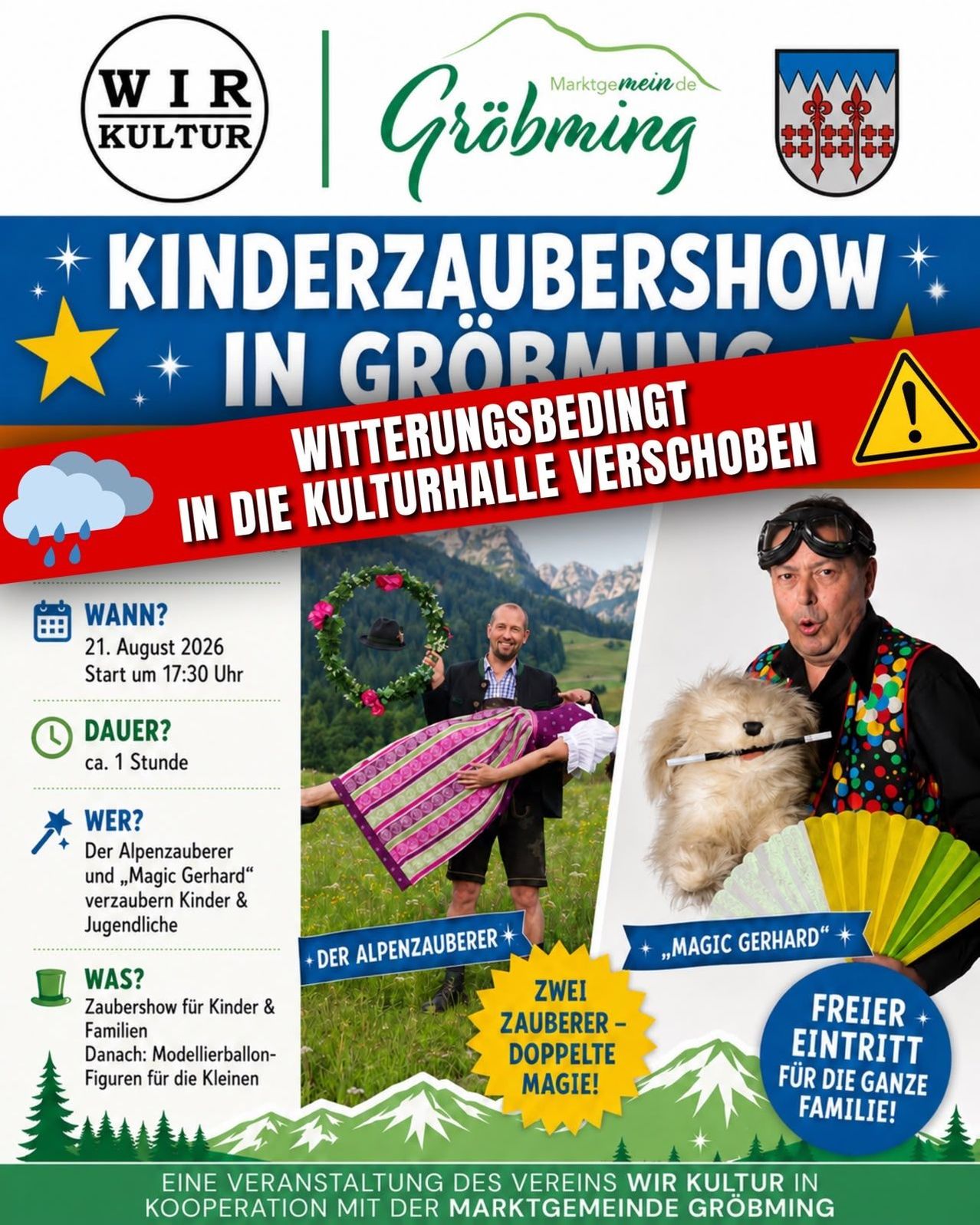 Plakat für eine Kinderzaubershow in Grömning mit zwei Zauberern, einem mit einer Zauberstab und einem Hund und dem anderen mit einem Mädchen. Die Show ist für den 21. August 2026 um 17:30 Uhr geplant. Die Veranstaltung kann aufgrund von Wetterbedingungen in die Kulturhalle verlegt werden.