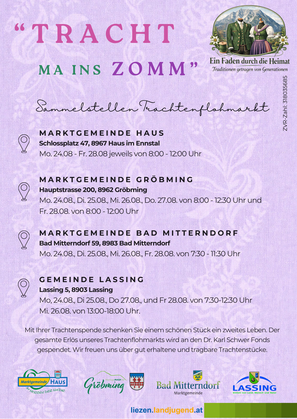 Plakat für eine Sammlung von Märkten an verschiedenen Orten, einschließlich Haus, Gröbming, Bad Mitterndorf und Lassing, mit Daten und Zeiten für jeden Ort. Das Plakat erwähnt auch eine Spende an die Dr. Karl Schwer Stiftung.