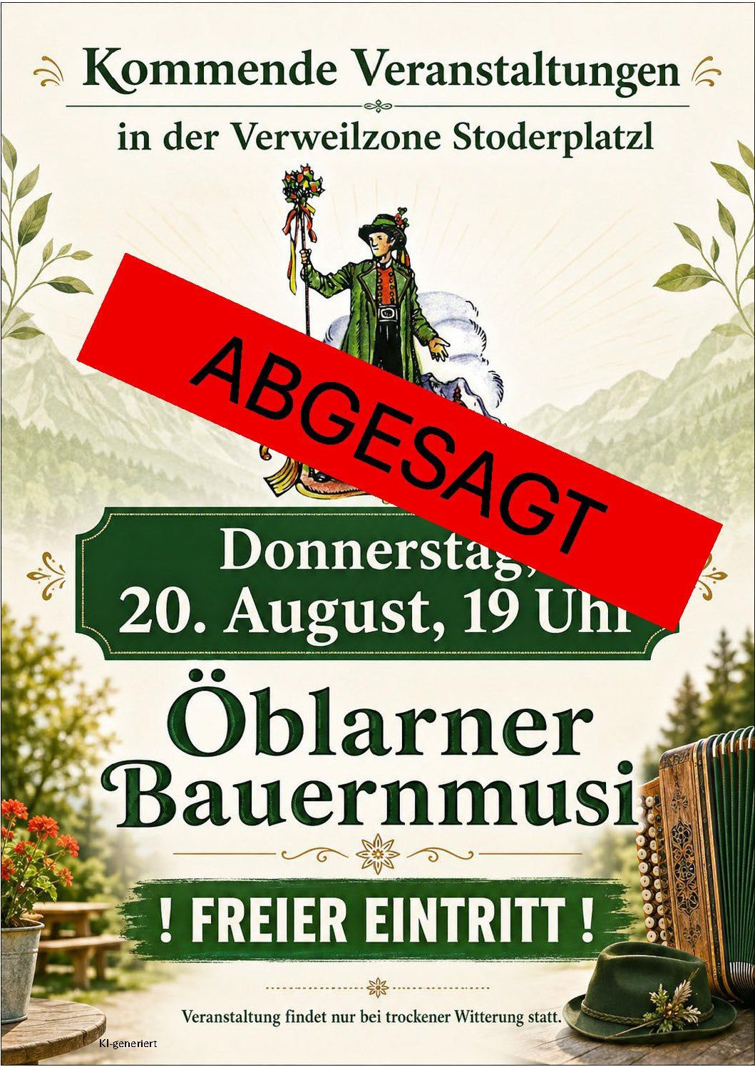 Plakat für ein traditionelles bayerisches Musikevent mit einem Mann in traditioneller Kleidung, der einen Stab und Blumen hält, mit Bergen und Grün im Hintergrund. Der Text lautet 'Abgesagt' und 'Donnerstag, 20. August, 19 Uhr'. Ein Akkordeon ist auf der rechten Seite zu sehen.