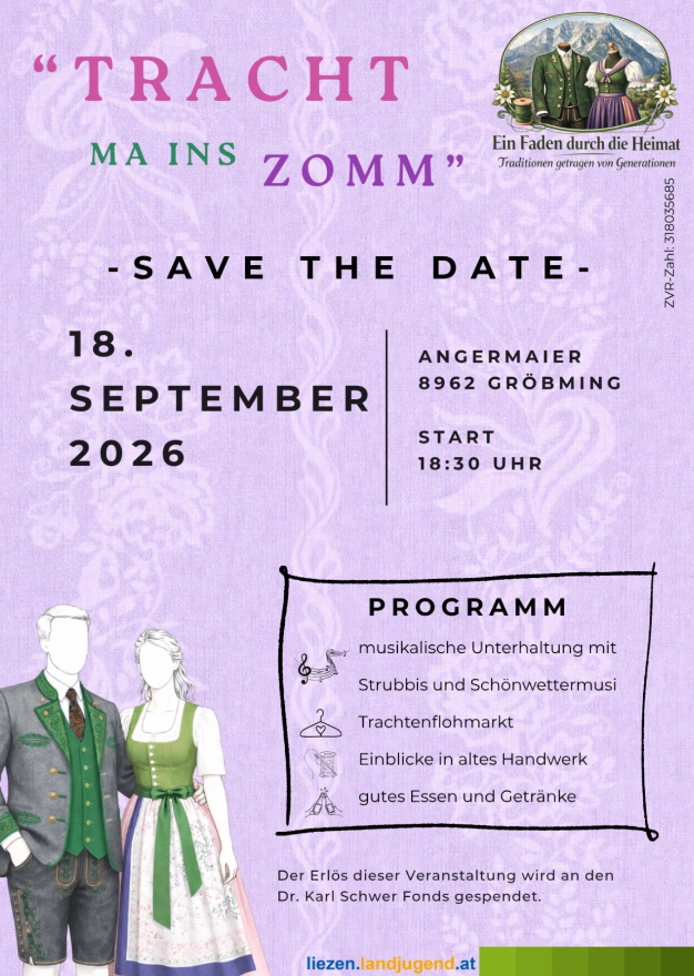 Plakat für eine traditionelle Veranstaltung am 18. September 2026 mit einem Mann und einer Frau in traditioneller Kleidung. Die Veranstaltung umfasst Musik, einen Markt und lokales Handwerk.