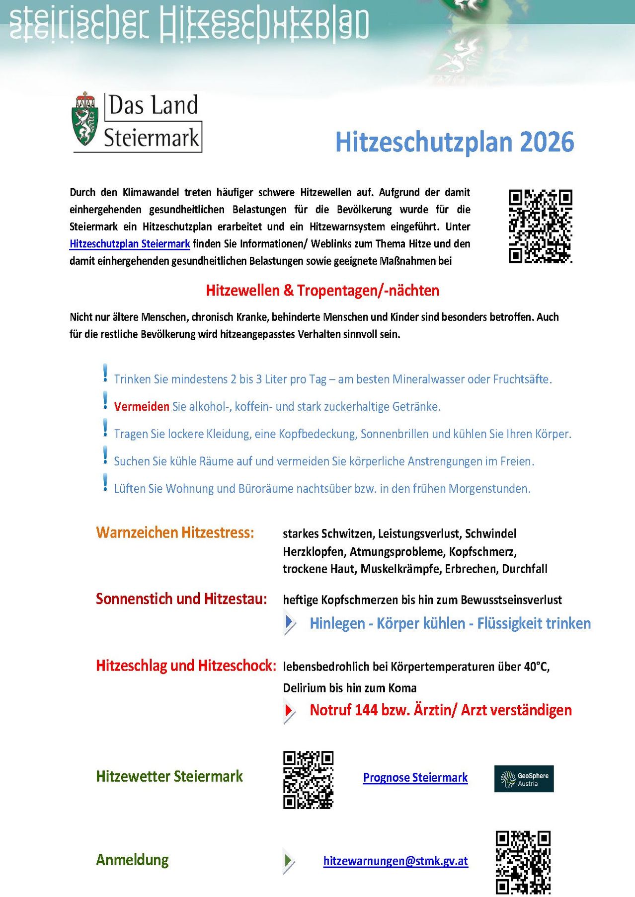 Das Bild zeigt einen Hitzeschutzplan für 2026 von Steiermark mit einem QR-Code für weitere Informationen. Es beschreibt die gesundheitlichen Risiken von Hitzewellen, insbesondere für gefährdete Gruppen. Präventionstipps umfassen ausreichendes Trinken und Vermeidung von Alkohol. Der Plan gibt auch Notfallverfahren für hitzebedingte Erkrankungen an.