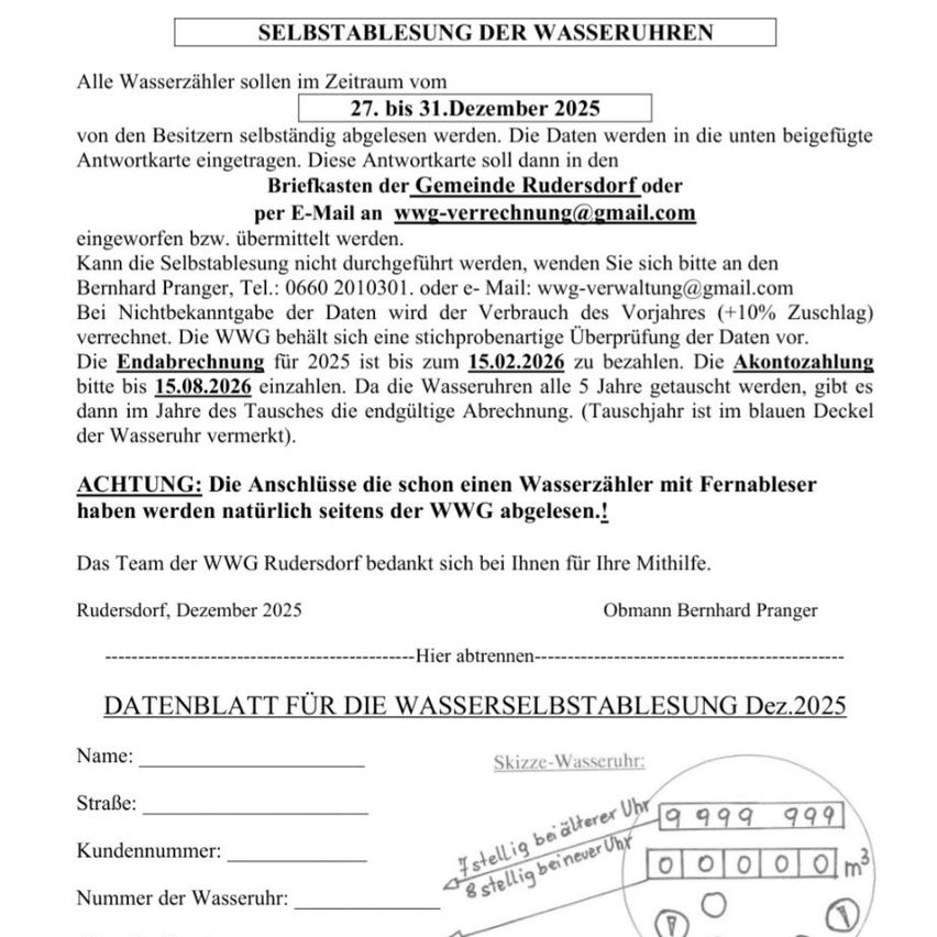 Ein Dokument aus Rudersdorf für die Selbstablesung des Wasserzählers. Es enthält Details zum Ablesezeitraum, Datumsformat und Anweisungen zur Einreichung der Ablesungen. Es erwähnt auch einen Zahlungsfrist und eine Strafe für verspätete Einreichung.