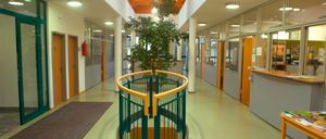 Ein Flur mit einer hölzernen Decke und einer grünen Brüstung um eine zentrale Pflanze, mit gläsernen Wänden auf beiden Seiten und einem Feuerlöscher an der Wand befestigt.