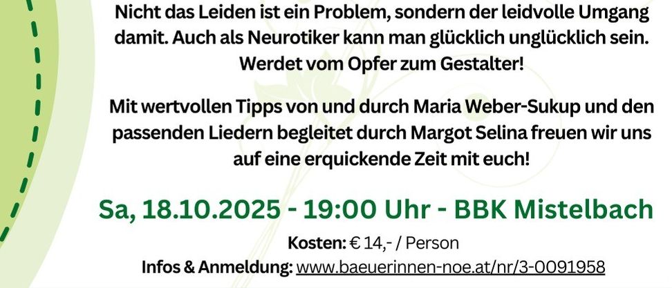 Ein Plakat für einen Kabarettabend mit Maria Weber und Margot Selina am 18.10.2025 um 19:00 Uhr in BBK. Es zeigt eine Frau und eine Gitarre und erwähnt Tipps zur Erleuchtung. Kosten: 14 € pro Person. Kontakt: www.bauerinnen-noe.at/nn.