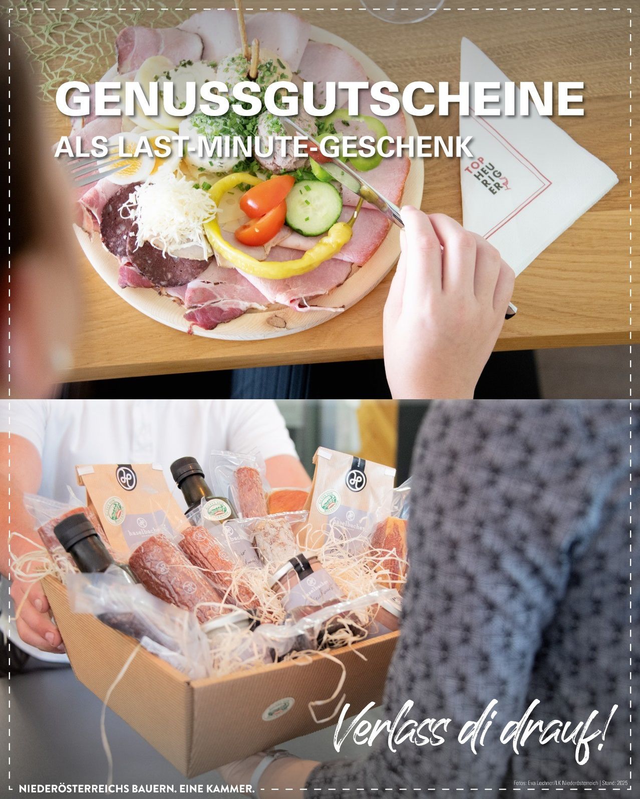 Eine Person schneidet Fleisch auf einem Teller mit Gemüse. Unten wird eine Geschenkbox mit Fleisch und Flaschen an jemanden übergeben.