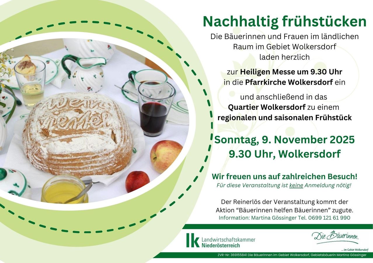 Ein Bild zeigt einen Tisch mit Brot, Äpfeln und Getränken. Eine Nachricht auf Deutsch lädt zur Heiligen Messe um 9.30 Uhr in der Pfarkirche Wolkersdorf ein. Keine Anmeldung erforderlich. Der Reinerlös unterstützt die Aktion 'Bäuerinnen helfen Bäuerinnen'. Für Informationen kontaktieren Sie Martina Gössinger.