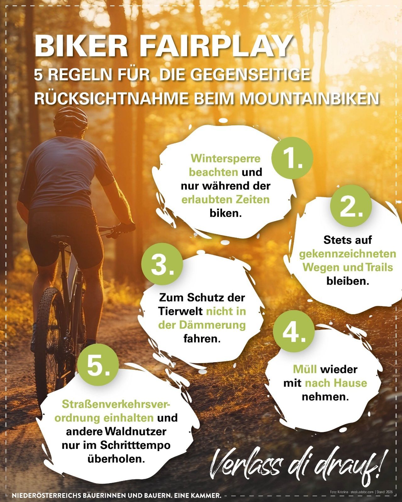 Ein Bild zeigt einen Mann beim Mountainbiken. Fünf Sicherheitsregeln sind aufgeführt, einschließlich der Beobachtung von Wintersperren, des Bleibens auf markierten Wegen, des Nichtfahrens in der Dämmerung, des Mitnehmens von Müll und der Einhaltung von Verkehrsregeln.