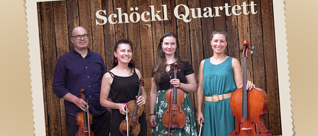 Plakat für ein Konzert des Schoeckl Quartetts mit vier Musikern, die Violinen und Celli halten. Das Datum des Konzerts ist Donnerstag, 19. März 2026.