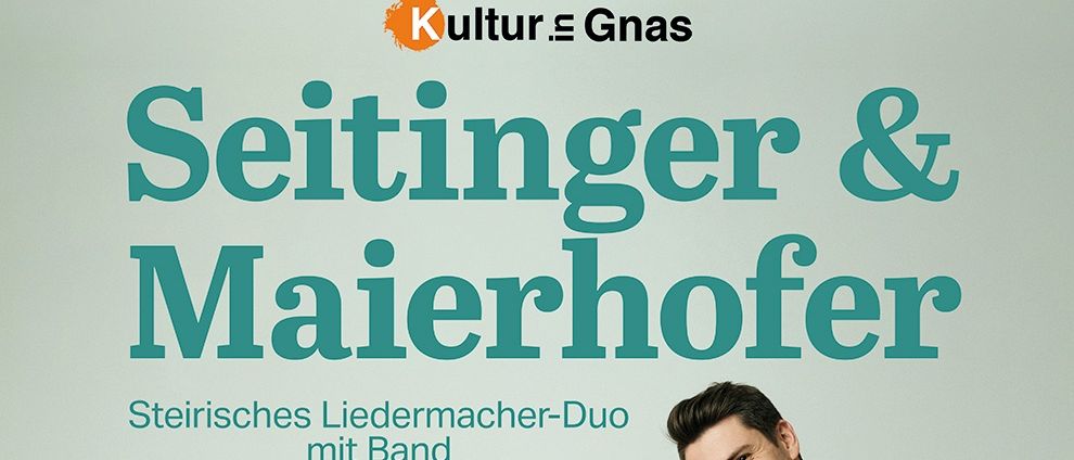 Plakat für eine Veranstaltung mit Stottinger & Maierhofer, einem steirischen Liedermacher-Duo mit Band, geplant für den 5. Februar 2026 um 19:00 Uhr. Das Bild zeigt fünf lächelnde Personen vor einem weißen Hintergrund.