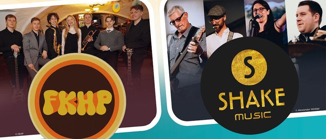 Plakat für eine Sommer-Special-Musikveranstaltung am 8. August 2026 mit der Band FKHP und Shake Music.