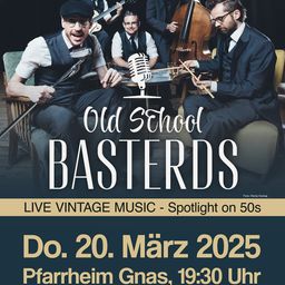 Ein Plakat für das Old School Bastards Vintage-Musik-Event. Die Gruppe von Musikern spielt mit Gitarren und einem Cello. Datum: 20. März 2025, Zeit: 19:30 Uhr.