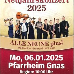 Plakat für das Neujahrskonzert 2025 von Kultur Gnas. Eine Gruppe Musiker mit verschiedenen Instrumenten. Das Konzert findet am 6. Januar 2025 im Pfarrheim Gnas statt, Beginn um 10:00 Uhr. Tickets kosten 20 Euro.