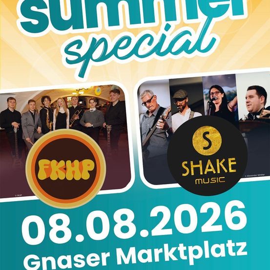 Plakat für ein Sommer-Special-Musikevent mit einer Band und Musikern, Datum 8. August 2026, und dem Ort Gnaser Marktplatz.