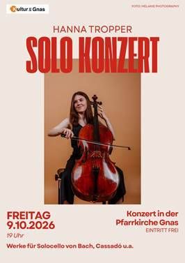 A poster for a solo cello concert by Hanna Tropper on October 9, 2026, featuring a woman playing the cello.