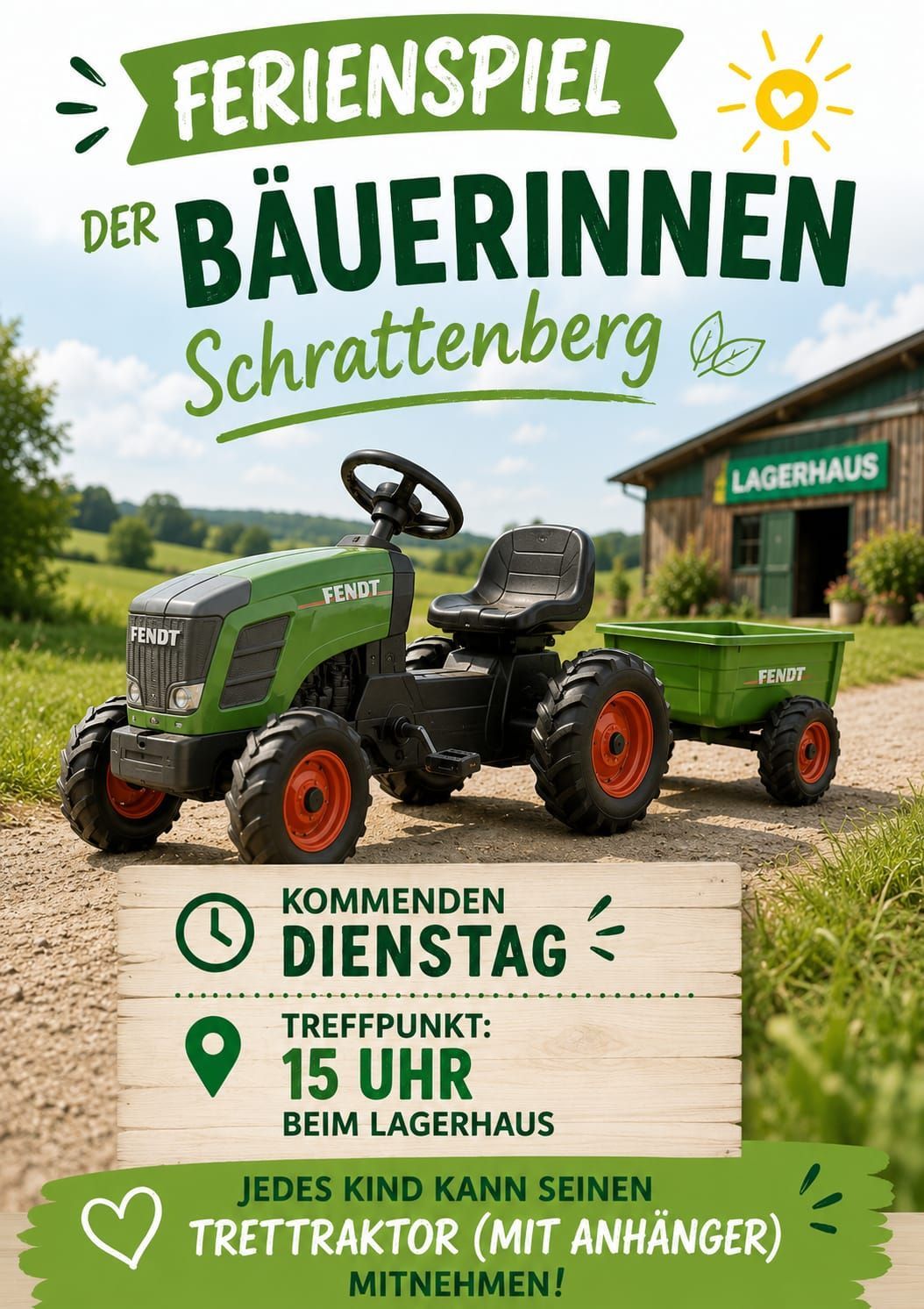 An advertisement for Der Bauerninnen Schrattenberg featuring a green toy tractor with a trailer, set against a backdrop of a farm with a Lagerhaus sign. The poster includes a meeting time and location.