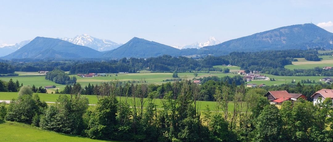 A mountain range with snow-capped peaks is in the background. Green fields and trees cover the foreground. There are houses scattered throughout the area.