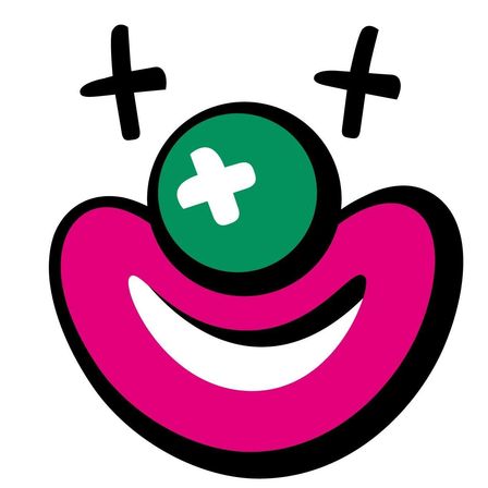 Ein lächelndes Gesicht mit rosa Lippen, schwarzem Umriss und einem grünen Kreis mit einem weißen Kreuz darüber. Zwei schwarze Kreuze befinden sich über dem Kreis.