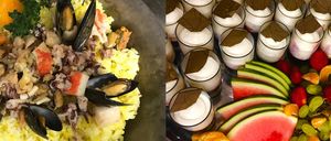 Zwei verschiedene Bilder, das erste ist ein Meeresfrüchtegericht mit Reis und Muscheln, das zweite ist ein Dessert mit Schlagsahne in Gläsern und Wassermelonenscheiben.