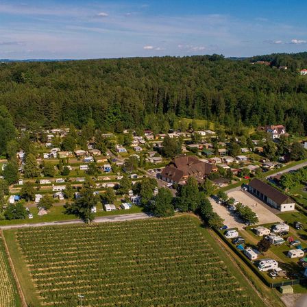 Eine Luftaufnahme eines ländlichen Campingplatzes mit grünen Bäumen, Häusern und Wohnmobilen, die auf dem Grasfeld geparkt sind.