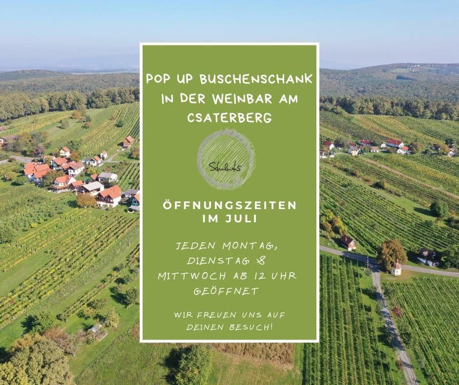 Ein Pop-up Buschenschank in einem Weinberg auf dem Csateberg, jeden Montag und Mittwoch ab 12 Uhr geöffnet. Wir freuen uns auf Ihren Besuch.