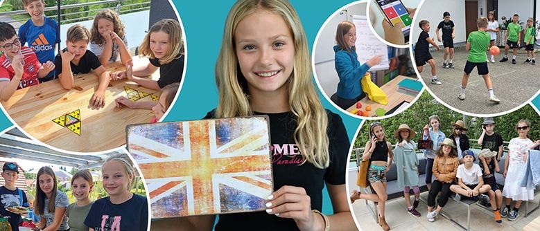Plakat für einen Englisch-Ferienkurs für MS/AHS-Schüler. Zeigt Bilder von Schülern bei verschiedenen Aktivitäten und einer Eulen-Mascotte. Details: vielfältige Übungen und Spiele, viel Sprechen, Rollenspiele und Geschichtenerzählen, Abenteuertag inklusive, Kosten von 219 €, Termine vom 18. August bis 22. August 2025. Kontaktinformationen verfügbar.