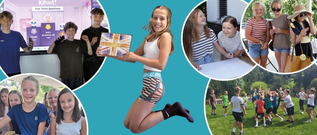 Eine Werbung für einen Englisch-Ferienkurs für MS/AHS-Schüler, mit verschiedenen Aktivitäten, einer Kontaktnummer und einer Website. Der Kurs beinhaltet verschiedene Übungen und Spiele, Dialog, Rollenspiele und Ratespiele. Der Kurs dauert 22 Stunden und kostet 219 €. Der Termin ist vom 10. August bis 14. August 2026.