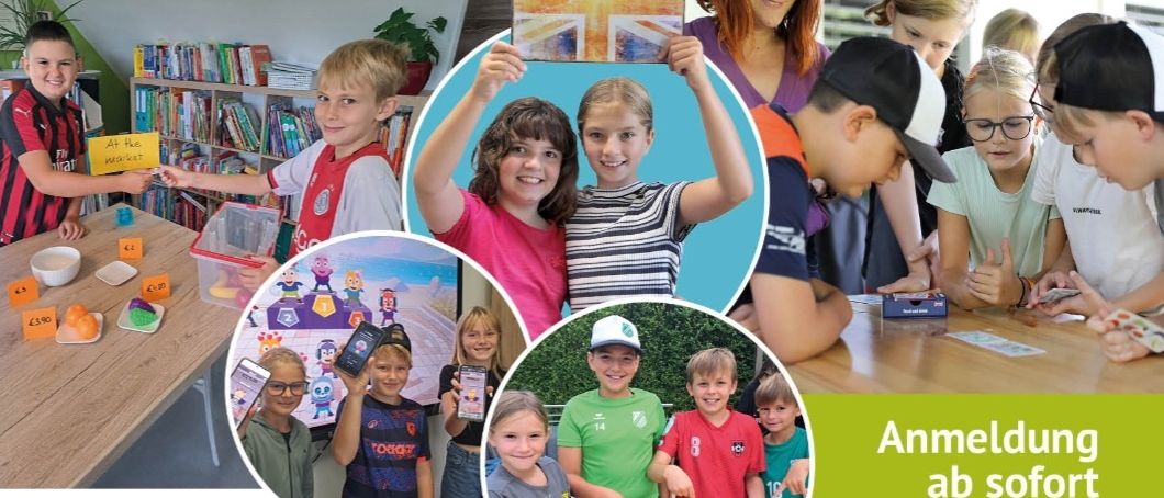 Plakat für Englischkurse für Viertklässler. Es zeigt Bilder von Kindern bei verschiedenen Aktivitäten, einen Preisschild und Kontaktdaten. Der Text ist auf Englisch und Deutsch.