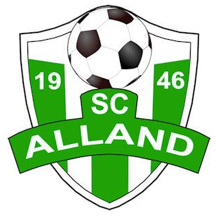 Das Emblem zeigt einen Fußball auf einem Schild, links mit '19' und rechts mit '46', darunter steht 'SC ALLAND'.