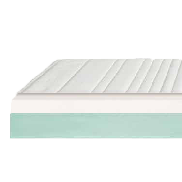 Ein weißes Matratze mit Rillen oben liegt auf einem schwarzen Hintergrund. Der untere Teil ist türkis.