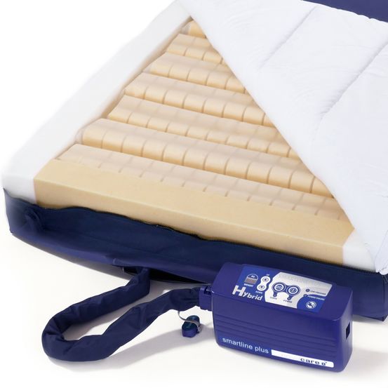 Eine offene blaue Matratze mit weißem Bezug zeigt die Schaumschicht. Sie hat ein 'Smartline Hybrid'-Etikett. Eine blaue Steuereinheit ist mit einem Riemen befestigt.