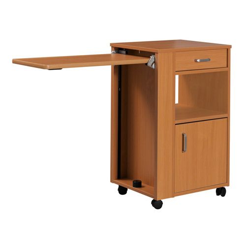 Ein mobiler Holzarbeitsplatz mit ausziehbarer Ablage, einer Schublade und einem Fach auf Rädern.