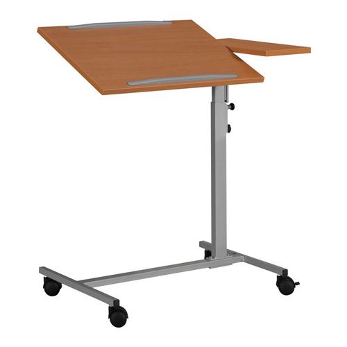 Ein höhenverstellbarer Holztisch mit Metallständer und Rädern, geeignet für verschiedene Aufgaben.