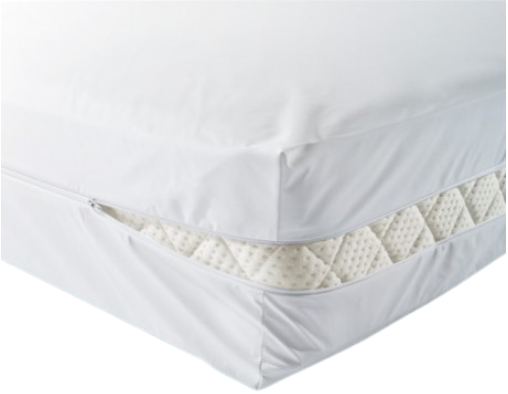 Nahaufnahme eines weißen Matratzenschoners mit Reißverschluss, der eine gesteppte Matratze bedeckt. Der Schoner bedeckt die Matratze vollständig und zeigt ein ordentliches und sauberes Erscheinungsbild.