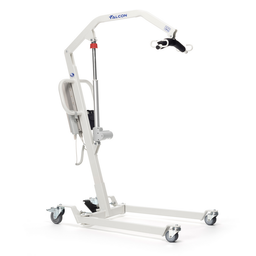 Ein weißer Falcon-Medizinlift mit rotem Deckel auf Rädern vor weißem Hintergrund.