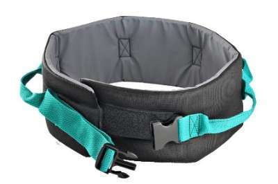 Ein schwarzer und türkisfarbener Gurt mit verstellbaren Riemen und Schnallen. Geeignet zum Heben und Übertragen von Personen. Verfügt über gepolsterte Unterstützung für Komfort.