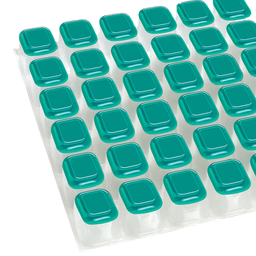 Ein Raster aus 36 türkisfarbenen, rechteckigen Behältern in einem transparenten Plastiktablett, jeder mit einem leicht erhöhten Deckel. Die Behälter sind ordentlich in einer 6x6-Anordnung organisiert.