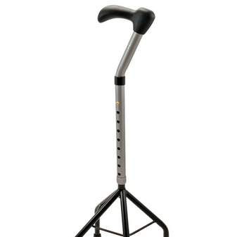Schwarzer und silberner verstellbarer Gehstock mit einem einzelnen Griff und vierbeinigem Stand.