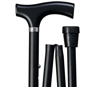 Das Bild zeigt einen schwarzen zusammenklappbaren Gehstock mit einem silbernen Ring und drei schwarzen Abschnitten.