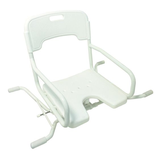 Ein weißer, verstellbarer Duschstuhl mit Armlehnen und Sitz, entwickelt für sichere Nutzung in der Dusche.