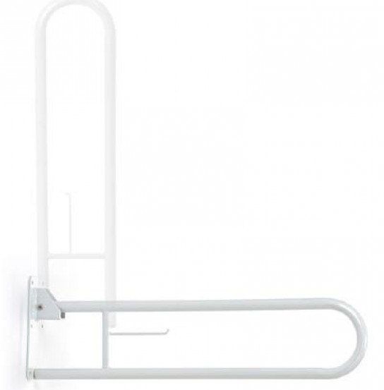 Ein weißer, gebogener Metallgeländer mit einem horizontalen Stab, der an der Wand befestigt ist und Unterstützung und Stabilität bietet.