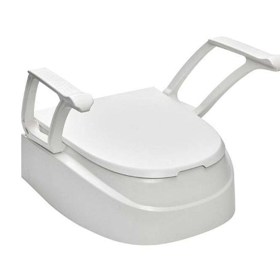 Ein weißer tragbarer Toilettensitz mit erhöhten Armlehnen für leichteren Zugang. Er ist für einfaches Transportieren und Benutzen konzipiert.