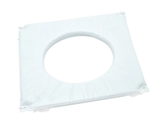 Ein weißer quadratischer Kissen mit einer runden Öffnung in der Mitte, auf weißem Hintergrund dargestellt.