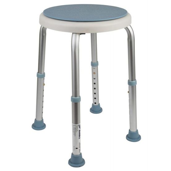 Ein weißer und blauer Hocker mit Metallfuß und Gummifüßen. Der Sitz ist rund und blau.