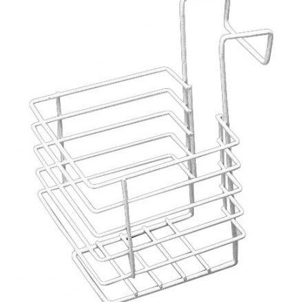 Ein Bild eines Drahtkorbs mit mehreren Fächern, geeignet für die Aufbewahrung von Küchenutensilien. Der Korb ist weiß und aus Metall.