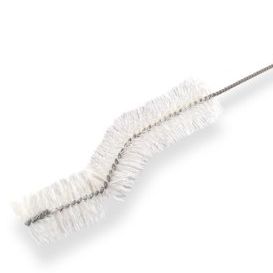 Ein weißer Pinsel mit Borsten auf einem weißen Griff, auf weißem Hintergrund gezeigt. Der Pinsel wird zum Reinigen verwendet.