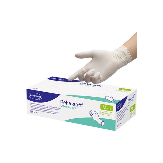 Eine Hand, die weiße Latexhandschuhe trägt, zeigt auf eine Box mit der Aufschrift Pena-soft Latex Protect, Größe M. Die Box enthält 100 Handschuhe.