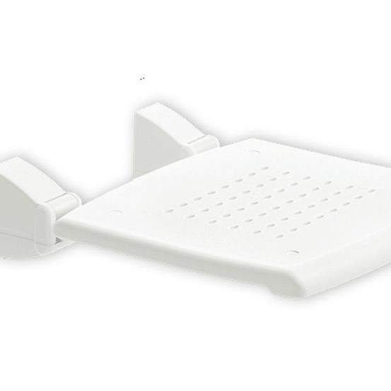 Ein weißer rechteckiger Duschsitz mit perforierter Oberfläche und zwei verstellbaren weißen Armen, die an einer Wand befestigt sind.