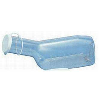 Eine durchsichtige Plastikflasche mit einem weißen Deckel und einem Griff auf weißem Hintergrund.