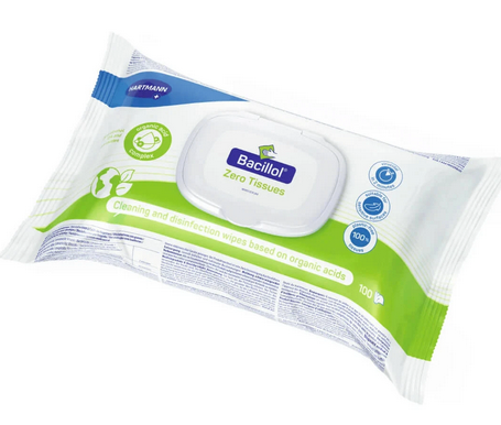 Packung mit 100 'Bacilllol' Zero Tissues, ein Reinigungs- und Desinfektionsprodukt auf Basis von organischen Säuren. Verpackt in einem Plastikbehälter mit blau-grünem Etikett.
