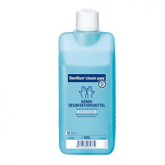 Eine blaue Flasche Sterillium classic pure Handdesinfektionsmittel mit weißem Verschluss, 1000 ml. Enthält kein Parfüm oder Farbstoffe. Enthält Alkohol, Glycerin und andere Inhaltsstoffe.